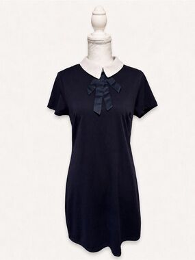 Navy Short Sleeve Dress with White Peter Pan Collar and Navy Ribbon